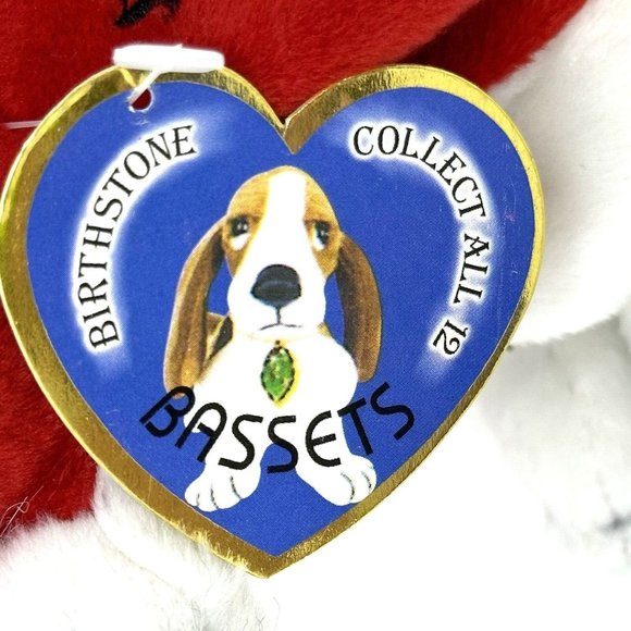 Birthstone Bassets January Red Plush Dog Pearl Necklace Red Stone Stuffed Animal - Picture 10 of 12